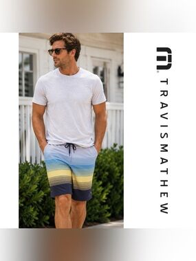 NWT | Travis Mathew | Seegrid Swim Board Shorts | Size 36 | Blue & Yellow Stripe